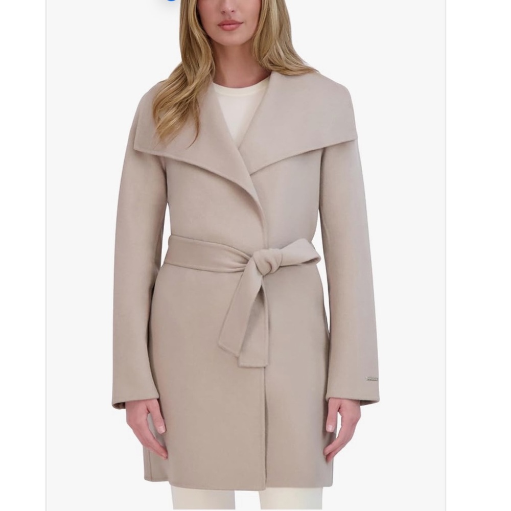 TAHARI Women’s Ella  Double Face Wool Wrap Coat w/Tie Belt in Soft Almond Sz: XS